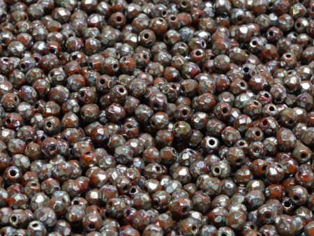 3mm Czech Fire Polish Round Bead, Umber Picasso, 50 pieces Hot on Sale