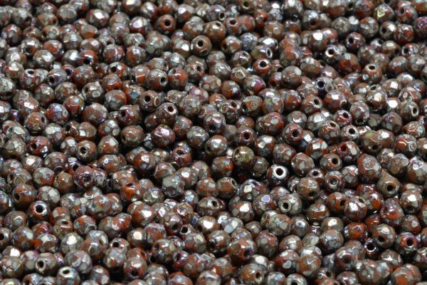 3mm Czech Fire Polish Round Bead, Umber Picasso, 50 pieces Hot on Sale