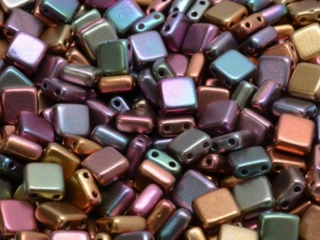 6mm Square Glass Czech Two Hole Tile Bead, Purple Iris Gold For Sale