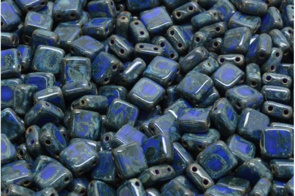 6mm Square Glass Czech Two Hole Tile Bead, Opaque Blue Travertin Hot on Sale