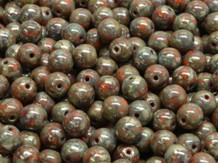 6mm Czech Round Druk Bead, Opaque Bright Orange Picasso, 50 pieces Supply