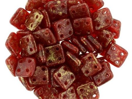 CzechMates QuadraTile 6mm Czech Glass Four Hole Bead, Gold Marbled - Oxblood For Cheap