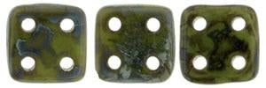 CzechMates QuadraTile 6mm Czech Glass Four Hole Bead, Opaque Olive - Picasso Online now