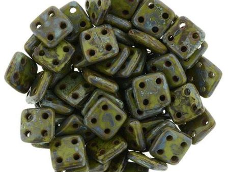 CzechMates QuadraTile 6mm Czech Glass Four Hole Bead, Opaque Olive - Picasso Online now