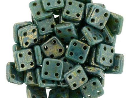 CzechMates QuadraTile 6mm Czech Glass Four Hole Bead, Persian Turquoise - Bronze Picasso For Cheap