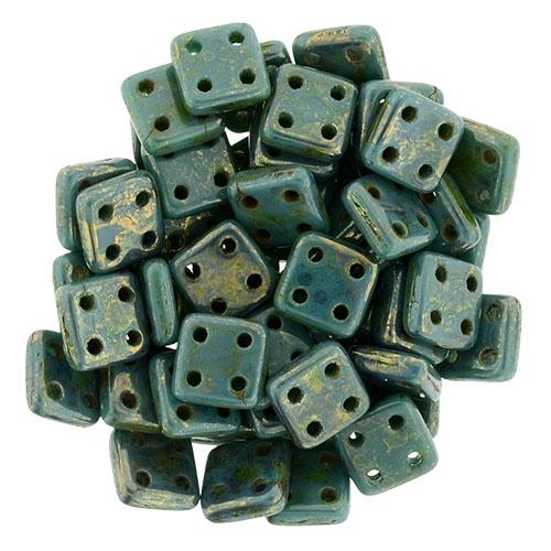 CzechMates QuadraTile 6mm Czech Glass Four Hole Bead, Persian Turquoise - Bronze Picasso For Cheap