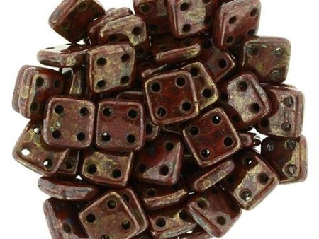 CzechMates QuadraTile 6mm Czech Glass Four Hole Bead, Opaque Red - Bronze Picasso on Sale